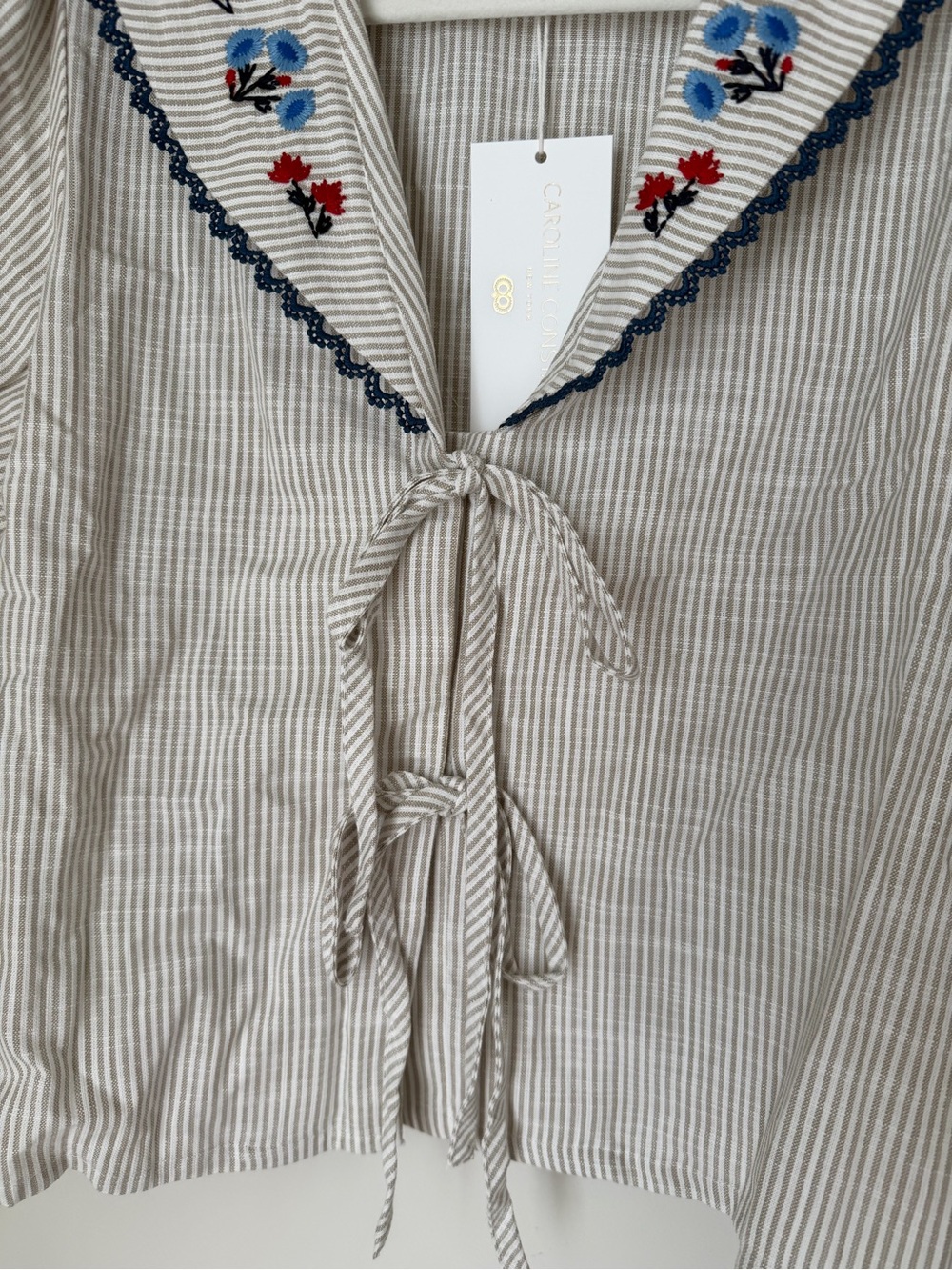 Caroline Constas Cream cotton Striped floral Embroidered Sailor tie Blouse - Picture 2 of 5